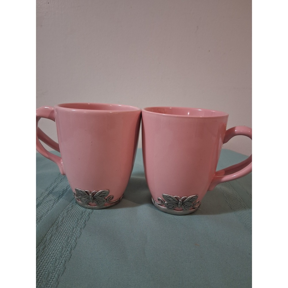 Arthur Court Neiman Marcus Pink Butterfly Mugs Ribbon Handle Ceramic Set of 2